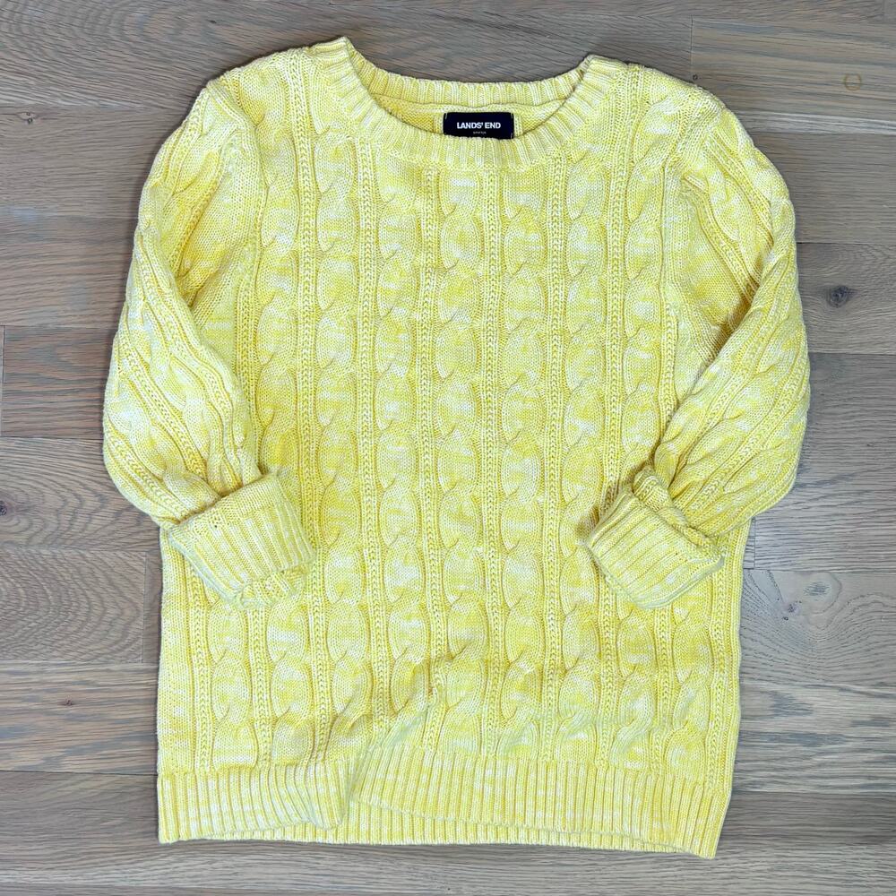 Lands’ End Drifter Cable Knit Crewneck Sweater Yellow Womens Size Medium Petite